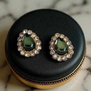 Dark Green Teardrop Stud Earrings with Rhinestones Halo Stud Earrings NWOT